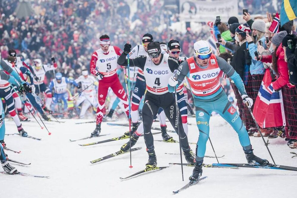 10.03.2018, Oslo, Norway (NOR):Dario Cologna (SUI), Maurice Manificat (FRA), (l-r)  - FIS world cup cross-country, mass men, Oslo (NOR). www.nordicfocus.com. © Modica/NordicFocus. Every downloaded picture is fee-liable.