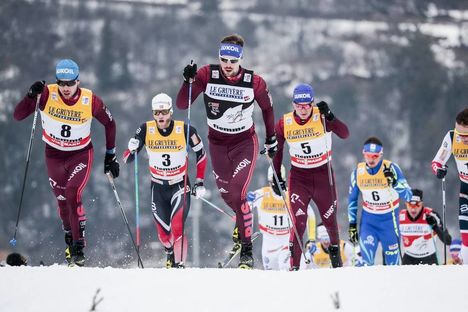 NordicFocus 06.01.2018, Val di Fiemme, Italy (ITA):Alexey Chervotkin (RUS), Martin Johnsrud Sundby (NOR), Sergey Ustiugov (RUS), Alexander Bolshunov (RUS), (l-r) - FIS world cup cross-country, tour de ski, mass men, Val di Fiemme (ITA). www.nordicfocus.com. © Modi