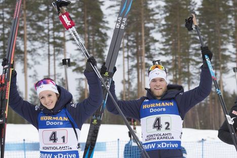 NordicFocus 10.03.2018, Kontiolahti, Finland (FIN):Anais Chevalier (FRA), Antonin Guigonnat (FRA), (l-r) - IBU world cup biathlon, single mixed relay, Kontiolahti (FIN). www.nordicfocus.com. © Manzoni/NordicFocus. Every downloaded picture is fee-liable.