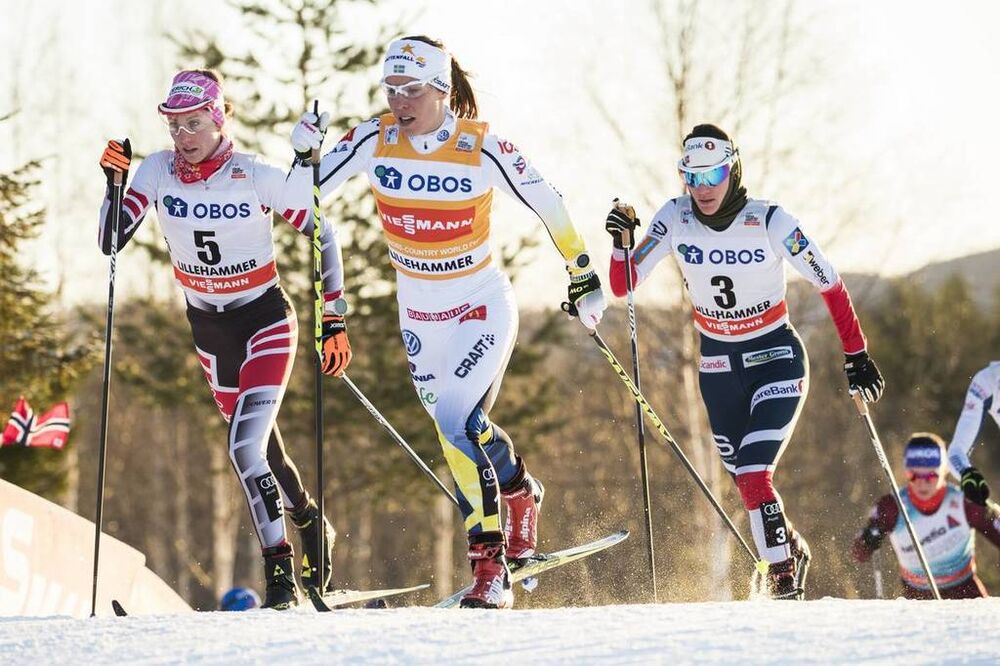 03.12.2017, Lillehammer, Norway (NOR):Teresa Stadlober (AUT), Charlotte Kalla (SWE), Heidi Weng (NOR), (l-r)  - FIS world cup cross-country, skiathlon women, Lillehammer (NOR). www.nordicfocus.com. © Modica/NordicFocus. Every downloaded picture is fee-l