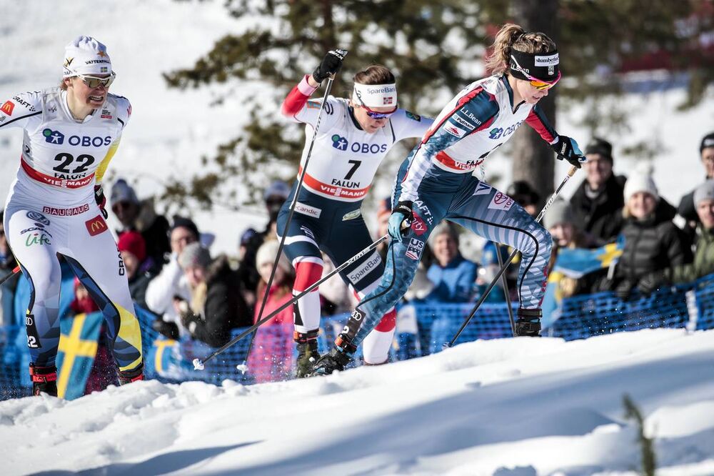 16.03.2018, Falun Sweden (SWE):Ida Ingemarsdotter (SWE), Tiril Udnes Weng (NOR), Jessica Diggins (USA), (l-r)  - FIS world cup cross-country, individual sprint, Falun (SWE). www.nordicfocus.com. © Modica/NordicFocus. Every downloaded picture is fee-liab