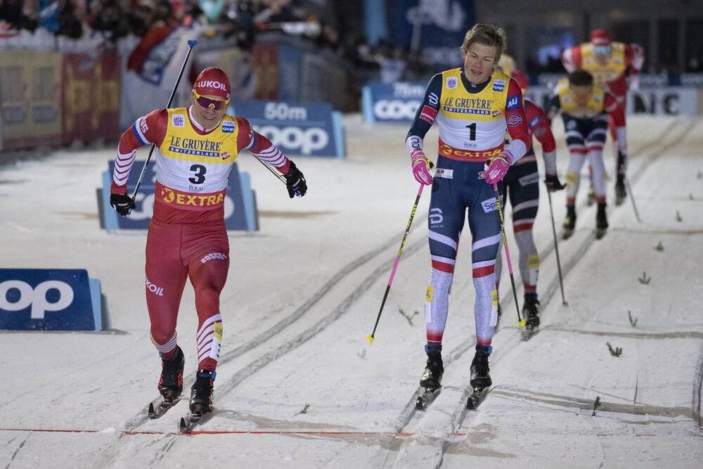 24.11.2018, Ruka, Finland (FIN):Alexander Bolshunov (RUS), Johannes Hoesflot Klaebo (NOR), (l-r)  - FIS world cup cross-country, individual sprint, Ruka (FIN). www.nordicfocus.com. © Modica/NordicFocus. Every downloaded picture is fee-liable.