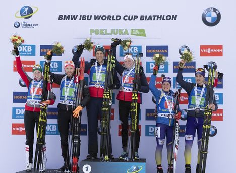NordicFocus 02.12.2018, Pokljuka, Slovenia (SLO):Lisa Theresa Hauser (AUT), Simon Eder (AUT), Lars Helge Birkeland (NOR), Thekla Brun-Lie (NOR), Anastasiya Merkushyna (UKR), Artem Tyshchenko (UKR), (l-r) - IBU World Cup Biathlon, single mixed relay, Pokljuka (SLO).