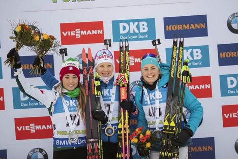 NordicFocus 08.12.2018, Pokljuka, Slovenia (SLO):Dorothea Wierer (ITA), Kaisa Makarainen (FIN), Justine Braisaz (FRA), (l-r) - IBU world cup biathlon, sprint women, Pokljuka (SLO). www.nordicfocus.com. © Manzoni/NordicFocus. Every downloaded picture is fee-liable.