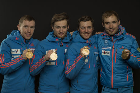 NordicFocus 18.02.2017, Hochfilzen, Austria (AUT):Alexey Volkov (RUS), Maxim Tsvetkov (RUS), Anton Babikov (RUS), Anton Shipulin (RUS), (l-r) - IBU world championships biathlon, medals, Hochfilzen (AUT). www.nordicfocus.com. © NordicFocus. Every downloaded picture
