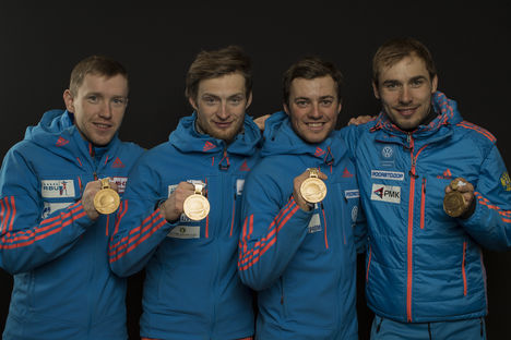 NordicFocus 18.02.2017, Hochfilzen, Austria (AUT):Alexey Volkov (RUS), Maxim Tsvetkov (RUS), Anton Babikov (RUS), Anton Shipulin (RUS), (l-r) - IBU world championships biathlon, medals, Hochfilzen (AUT). www.nordicfocus.com. © NordicFocus. Every downloaded picture