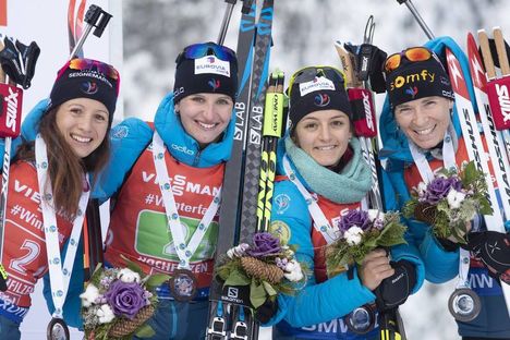 NordicFocus 16.12.2018, Hochfilzen, Austria (AUT):Anais Chevalier (FRA), Julia Simon (FRA), Celia Aymonier (FRA), Anais Bescond (FRA), (l-r) - IBU world cup biathlon, relay women, Hochfilzen (AUT). www.nordicfocus.com. © Manzoni/NordicFocus. Every downloaded pictur