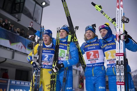 NordicFocus 16.12.2018, Hochfilzen, Austria (AUT):Sebastian Samuelsson (SWE), Martin Ponsiluoma (SWE), Peppe Femling (SWE), Torstein Stenersen (SWE), (l-r) - IBU world cup biathlon, relay men, Hochfilzen (AUT). www.nordicfocus.com. © Manzoni/NordicFocus. Every down