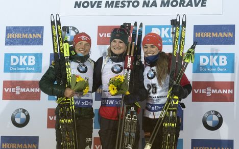 NordicFocus 21.12.2018, Nove Mesto, Czech Republic (CZE):Laura Dahlmeier (GER), Marte Olsbu Roeiseland (NOR), Paulina Fialkova (SVK), (l-r) - IBU world cup biathlon, sprint women, Nove Mesto (CZE). www.nordicfocus.com. © Manzoni/NordicFocus. Every downloaded pictur