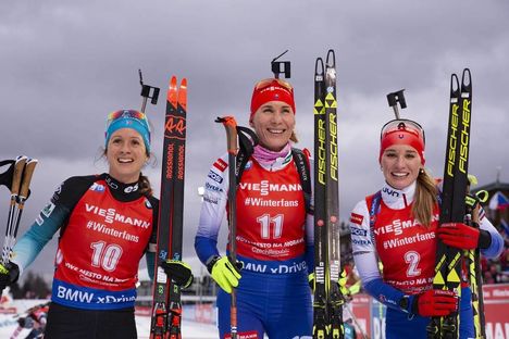 NordicFocus 23.12.2018, Nove Mesto, Czech Republic (CZE):Anais Chevalier (FRA), Anastasiya Kuzmina (SVK), Paulina Fialkova (SVK), (l-r) - IBU world cup biathlon, mass women, Nove Mesto (CZE). www.nordicfocus.com. © Manzoni/NordicFocus. Every downloaded picture is f