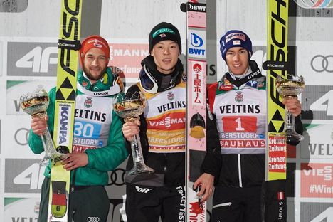 NordicFocus 30.12.2018, Oberstdorf, Germany (GER):Markus Eisenbichler (GER), Ryoyu Kobayashi (JPN), Stefan Kraft (AUT), (l-r) - FIS world cup ski jumping, four hills tournament, individual HS137, Oberstdorf (GER). www.nordicfocus.com. © Rauschendorfer/NordicFocus.