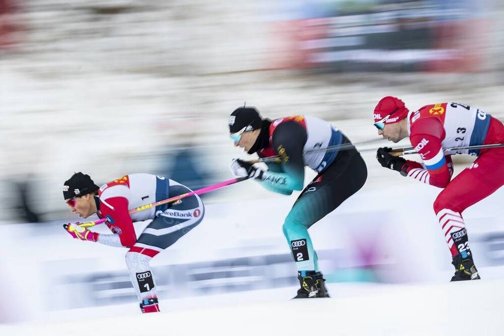 29.12.2018, Toblach, Italy (ITA):Johannes Hoesflot Klaebo (NOR), Lucas Chanavat (FRA), Sergey Ustiugov (RUS), (l-r)  - FIS world cup cross-country, tour de ski, individual sprint, Toblach (ITA). www.nordicfocus.com. © Modica/NordicFocus. Every downloade