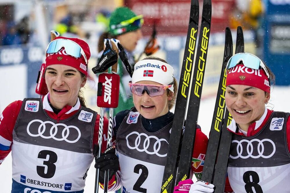 02.01.2019, Oberstdorf, Germany (GER):Natalia Nepryaeva (RUS), Ingvild Flugstad Oestberg (NOR), Anastasia Sedova (RUS), (l-r)  - FIS world cup cross-country, tour de ski, mass women, Oberstdorf (GER). www.nordicfocus.com. © Modica/NordicFocus. Every dow
