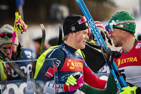 NordicFocus 05.01.2019, Val di Fiemme, Italy (ITA):Johannes Hoesflot Klaebo (NOR), Francesco De Fabiani (ITA), (l-r) - FIS world cup cross-country, tour de ski, mass men, Val di Fiemme (ITA). www.nordicfocus.com. © Modica/NordicFocus. Every downloaded picture is f