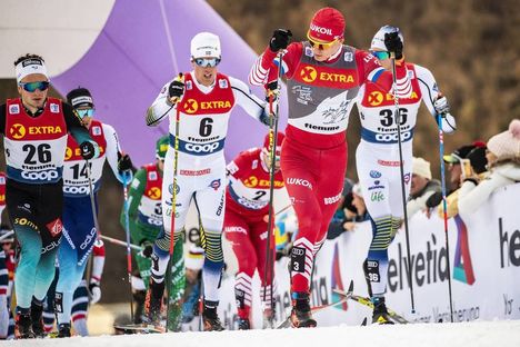 NordicFocus 05.01.2019, Val di Fiemme, Italy (ITA):Jules Lapierre (FRA), Calle Halfvarsson (SWE), Alexander Bolshunov (RUS), Daniel Rickardsson (SWE), (l-r) - FIS world cup cross-country, tour de ski, mass men, Val di Fiemme (ITA). www.nordicfocus.com. © Modica/No