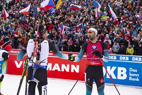 NordicFocus 23.12.2018, Nove Mesto, Czech Republic (CZE):Quentin Fillon Maillet (FRA), Martin Fourcade (FRA), (l-r) - IBU world cup biathlon, mass men, Nove Mesto (CZE). www.nordicfocus.com. © Manzoni/NordicFocus. Every downloaded picture is fee-liable.
