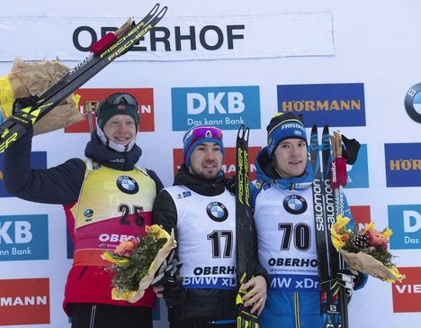 NordicFocus 11.01.2019, Oberhof, Germany (GER):Johannes Thingnes Boe (NOR), Alexander Loginov (RUS), Sebastian Samuelsson (SWE), (l-r) - IBU world cup biathlon, sprint men, Oberhof (GER). www.nordicfocus.com. © Manzoni/NordicFocus. Every downloaded picture is fee-