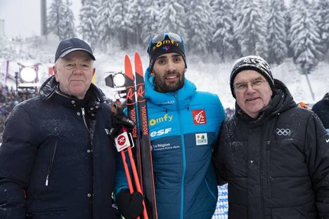 NordicFocus 11.01.2019, Oberhof, Germany (GER):Olle Dahlin (SWE), IBU president, Martin Fourcade (FRA), Thomas Bach (GER), IOC president (l-r) - IBU world cup biathlon, sprint men, Oberhof (GER). www.nordicfocus.com. © Manzoni/NordicFocus. Every downloaded picture
