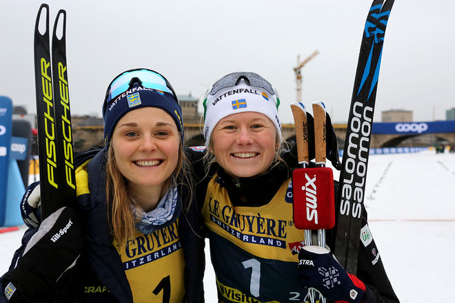EN REN DALASEGER i Dresden: Stina Nilsson och Maja Dahlqvist lämnade inte konkurrenterna någon chans i teamsprinten i världscupen. Foto/rights: KJELL-ERIK KRISTIANSEN/kekstock.com