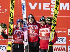 NordicFocus 13.01.2019, Val di Fiemme, Italy (ITA):Kraft Stefan (AUT), Stoch Kamil (POL), Kubacki Dawid (POL), (l-r) - FIS world cup ski jumping, individual HS135, Val di Fiemme (ITA). www.nordicfocus.com. © Modica/NordicFocus. Every downloaded picture is fee-liabl
