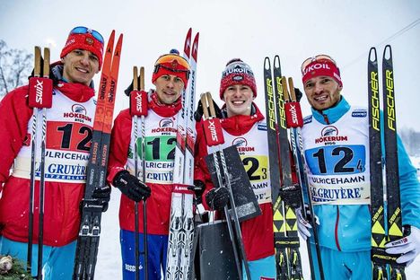 NordicFocus 27.01.2019, Ulricehamn, Sweden (SWE):Evgeniy Belov (RUS), Alexander Bessmertnykh (RUS), Denis Spitsov (RUS), Artem Maltsev (RUS), (l-r) - FIS world cup cross-country, 4x10km men, Ulricehamn (SWE). www.nordicfocus.com. © Modica/NordicFocus. Every downlo