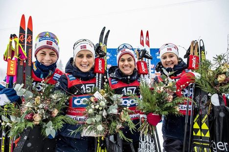 NordicFocus 27.01.2019, Ulricehamn, Sweden (SWE):Heidi Weng (NOR), Therese Johaug (NOR), Astrid Uhrenholdt Jacobsen (NOR), Ingvild Flugstad Oestberg (NOR), (l-r) - FIS world cup cross-country, 4x5km women, Ulricehamn (SWE). www.nordicfocus.com. © Modica/NordicFocu