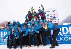 NordicFocus 27.01.2019, Antholz, Italy (ITA):Martin Fourcade (FRA), Quentin Fillon Maillet (FRA), Antonin Guigonnat (FRA), (l-r) - IBU world cup biathlon, mass men, Antholz (ITA). www.nordicfocus.com. © Manzoni/NordicFocus. Every downloaded picture is fee-liable.