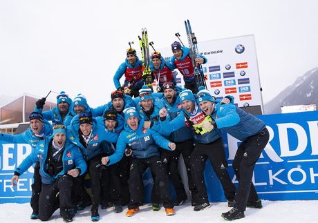 NordicFocus 27.01.2019, Antholz, Italy (ITA):Martin Fourcade (FRA), Quentin Fillon Maillet (FRA), Antonin Guigonnat (FRA), (l-r) - IBU world cup biathlon, mass men, Antholz (ITA). www.nordicfocus.com. © Manzoni/NordicFocus. Every downloaded picture is fee-liable.
