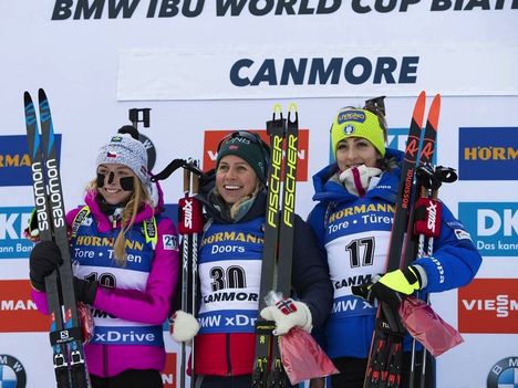 NordicFocus 07.02.2019, Canmore, Canada (CAN):Marketa Davidova (CZE), Tiril Eckhoff (NOR), Lisa Vittozzi (ITA), (l-r) - IBU world cup biathlon, short individual women, Canmore (CAN). www.nordicfocus.com. © Manzoni/NordicFocus. Every downloaded picture is fee-liabl