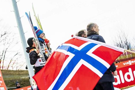 NordicFocus 03.02.2019, Hinzenbach, Austria (AUT):Sara Takanashi (JPN), Maren Lundby (NOR), Katharina Althaus (GER), (l-r) - FIS world cup ski jumping ladies, individual HS90, Hinzenbach (AUT). www.nordicfocus.com. © Modica/NordicFocus. Every downloaded picture is
