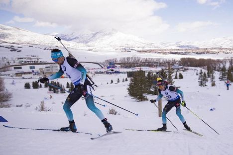 NordicFocus 15.02.2019, Soldier Hollow, United States of America (USA):Simon Desthieux (FRA), Quentin Fillon Maillet (FRA), (l-r) - IBU world cup biathlon, sprint men, Soldier Hollow (USA). www.nordicfocus.com. © Manzoni/NordicFocus. Every downloaded picture is fe