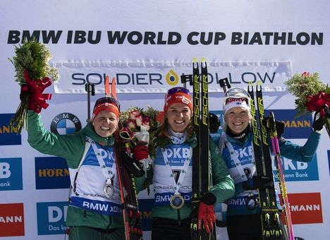 NordicFocus 16.02.2019, Soldier Hollow, United States of America (USA):Franziska Hildebrand (GER), Denise Herrmann (GER), Kaisa Makarainen (FIN), (l-r) - IBU world cup biathlon, pursuit women, Soldier Hollow (USA). www.nordicfocus.com. © Manzoni/NordicFocus. Every