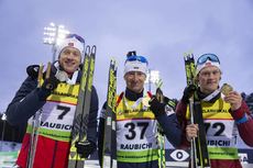NordicFocus 20.02.2019, Minks-Raubichi, Belarus (BLR):Tarjei Boe (NOR), Krasimir Anev (BUL), Endre Stroemsheim (NOR), (l-r) - IBU Open European championships biathlon, medals, Minsk-Raubichi (BLR). www.nordicfocus.com. © Manzoni/NordicFocus. Every downloaded pictur