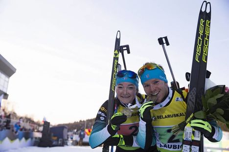 NordicFocus 21.02.2019, Minks-Raubichi, Belarus (BLR):Lou Jeanmonnot (FRA), Aristide Begue (FRA), (l-r) - IBU Open European championships biathlon, medals, Minsk-Raubichi (BLR). www.nordicfocus.com. © Manzoni/NordicFocus. Every downloaded picture is fee-liable.