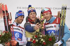 NordicFocus 21.02.2019, Seefeld, Austria (AUT):Federico Pellegrino (ITA), Johannes Hoesflot Klaebo (NOR), Gleb Retivykh (RUS), (l-r) - FIS nordic world ski championships, cross-country, individual sprint, Seefeld (AUT). www.nordicfocus.com. © THIBAUT/NordicFocus. E