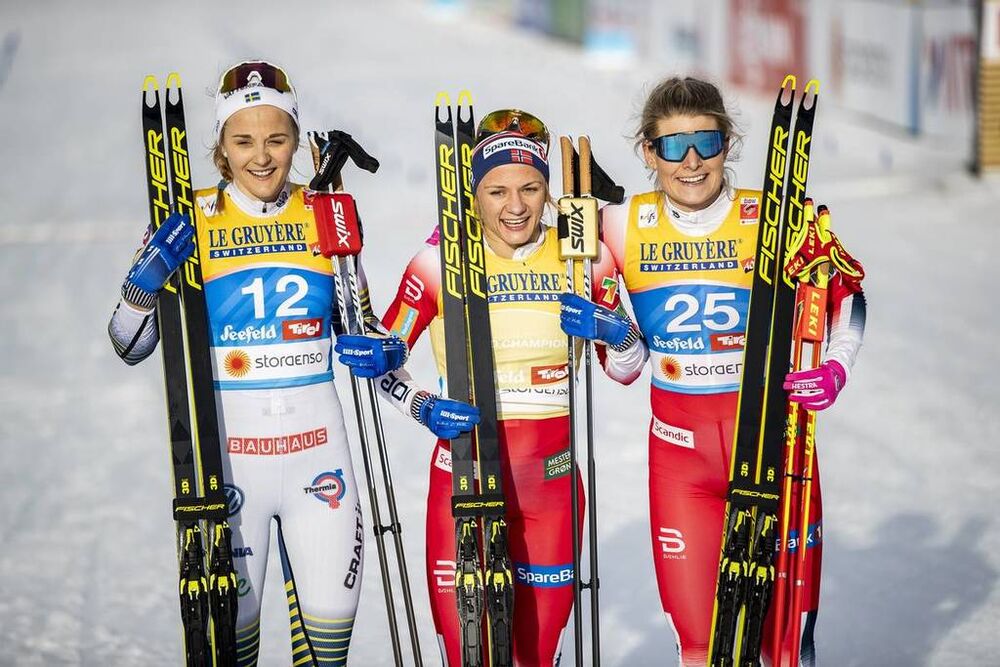 21.02.2019, Seefeld, Austria (AUT):Stina Nilsson (SWE), Maiken Caspersen Falla (NOR), Mari Eide (NOR), (l-r)  - FIS nordic world ski championships, cross-country, individual sprint, Seefeld (AUT). www.nordicfocus.com. © Modica/NordicFocus. Every downloa