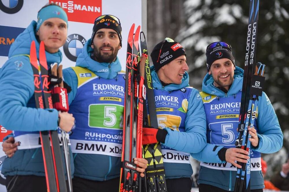 18.01.2019, Ruhpolding, Germany (GER):Quentin Fillon Maillet (FRA), Simon Desthieux (FRA), Martin Fourcade (FRA) -  IBU world cup biathlon, relay men, Ruhpolding (GER). www.nordicfocus.com. © Tumashov/NordicFocus. Every downloaded picture is fee-liable.