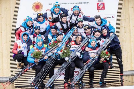 NordicFocus 01.03.2019, Seefeld, Austria (AUT):Adrien Backscheider ((FRA)), Maurice Manificat ((FRA)), Clement Parisse ((FRA)), Richard Jouve ((FRA)), (l-r) - FIS nordic world ski championships, cross-country, 4x10km men, Seefeld (AUT). www.nordicfocus.com. © Modi