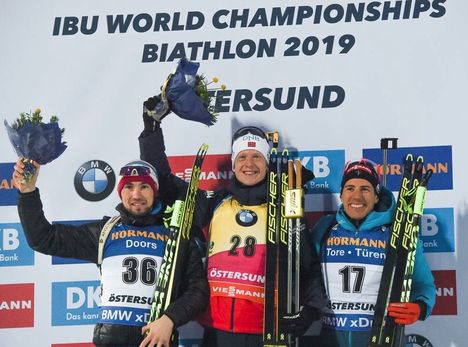 NordicFocus 09.03.2019, Oestersund, Sweden (SWE):Quentin Fillon Maillet (FRA), Alexander Loginov (RUS), Johannes Thingnes Boe (NOR) - IBU world championships biathlon, sprint men, Oestersund (SWE). www.nordicfocus.com. © Tumashov/NordicFocus. Every downloaded pictu