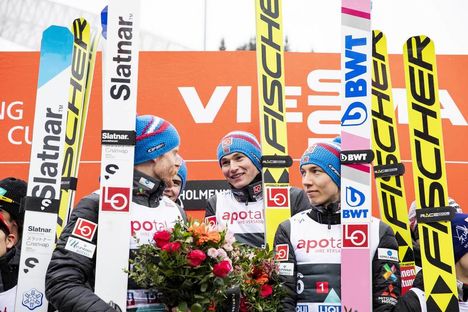 NordicFocus 09.03.2019, Oslo, Norway (NOR):Johann Andre Forfang (NOR), Robin Pedersen (NOR), Marius Lindvik (NOR), Robert Johansson (NOR), (l-r), (l-r) - FIS world cup ski jumping, team HS134, Oslo (NOR). www.nordicfocus.com. © Modica/NordicFocus. Every downloaded