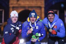 NordicFocus 10.03.2019, Oestersund, Sweden (SWE):Johannes Thingnes Boe (NOR), Quentin Fillon Maillet (FRA), Dmytro Pidruchnyi (UKR) - IBU world championships biathlon, medals, Oestersund (SWE). www.nordicfocus.com. © Tumashov/NordicFocus. Every downloaded picture i