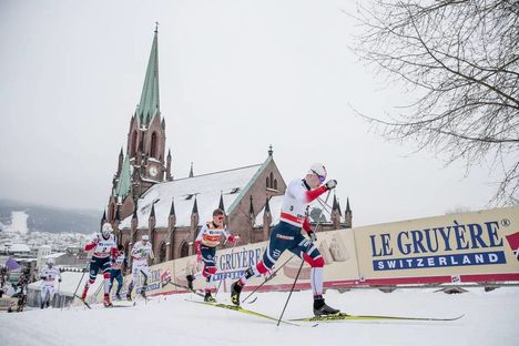 NordicFocus 07.03.2018, Drammen, Norway (NOR):Eirik Brandsdal (NOR), Emil Joensson (SWE), Johannes Hoesflot Klaebo (NOR), Fredrik Riseth (NOR), (l-r) - FIS world cup cross-country, individual sprint, Drammen (NOR). www.nordicfocus.com. © Modica/NordicFocus. Every