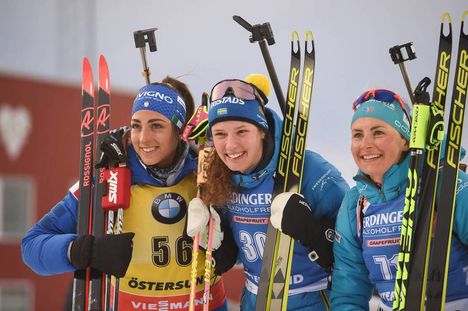 NordicFocus 12.03.2019, Oestersund, Sweden (SWE):Lisa Vittozzi (ITA), Hanna Oeberg (SWE), Justine Braisaz (FRA) - IBU world championships biathlon, individual women, Oestersund (SWE). www.nordicfocus.com. © Tumashov/NordicFocus. Every downloaded picture is fee-liab