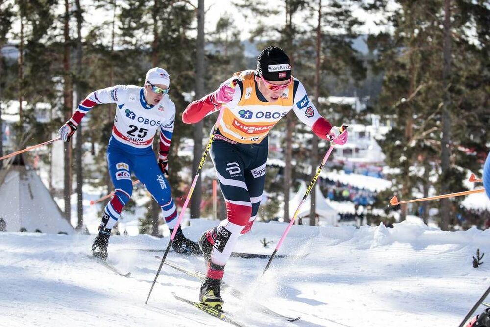 16.03.2018, Falun Sweden (SWE):Michal Novak (CZE), Johannes Hoesflot Klaebo (NOR), (l-r)  - FIS world cup cross-country, individual sprint, Falun (SWE). www.nordicfocus.com. © Modica/NordicFocus. Every downloaded picture is fee-liable.