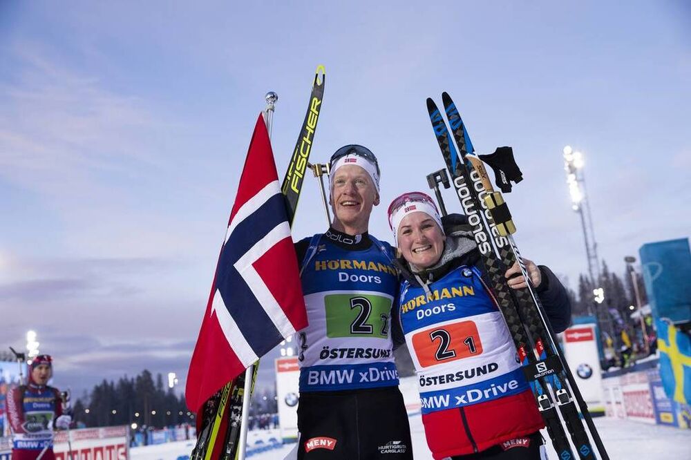 14.03.2019, Oestersund, Sweden (SWE):Johannes Thingnes Boe (NOR), Marte Olsbu Roeiseland (NOR), (l-r) - IBU world championships biathlon, single mixed relay, Oestersund (SWE). www.nordicfocus.com. © Manzoni/NordicFocus. Every downloaded picture is fee-l