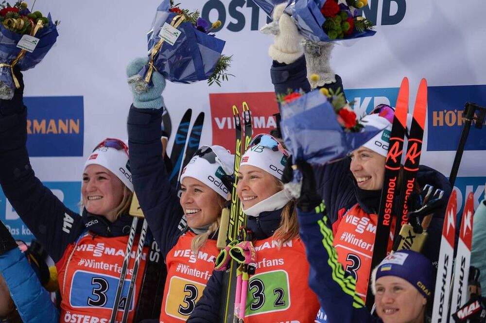 16.03.2019, Oestersund, Sweden (SWE):Synnoeve Solemdal (NOR), Ingrid Landmark Tandrevold (NOR), Tiril Eckhoff (NOR), Marte Olsbu Roeiseland (NOR) - IBU world championships biathlon, relay women, Oestersund (SWE). www.nordicfocus.com. © Tumashov/NordicFo