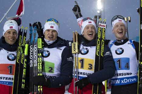 NordicFocus 16.03.2019, Oestersund, Sweden (SWE):Lars Helge Birkeland (NOR), Vetle Sjaastad Christiansen (NOR), Tarjei Boe (NOR), Johannes Thingnes Boe (NOR), (l-r) - IBU world championships biathlon, relay men, Oestersund (SWE). www.nordicfocus.com. © Manzoni/Nord
