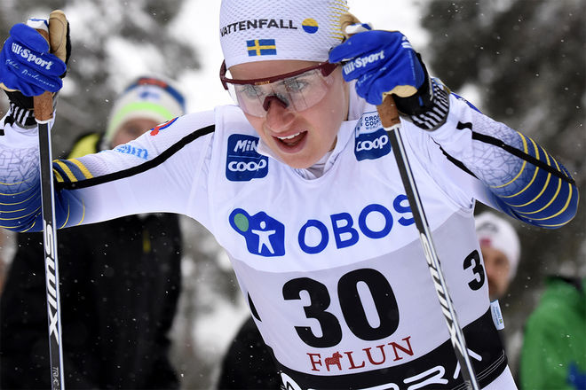 EBBA ANDERSSON på väg mot en stark 2:a plats i världscupen i Falun över 10 km fristil. Foto/rights: ROLF ZETTERBERG/kekstock.com