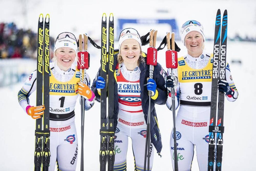 22.03.2019, Quebec, Canada (CAN):Stina Nilsson (SWE), Jonna Sundling (SWE), Maja Dahlqvist (SWE), (l-r)  - FIS world cup cross-country, individual sprint, Quebec (CAN). www.nordicfocus.com. © Modica/NordicFocus. Every downloaded picture is fee-liable.