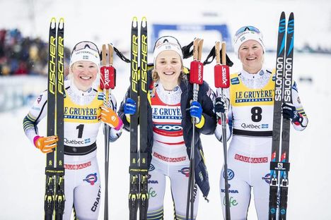 NordicFocus 22.03.2019, Quebec, Canada (CAN):Stina Nilsson (SWE), Jonna Sundling (SWE), Maja Dahlqvist (SWE), (l-r) - FIS world cup cross-country, individual sprint, Quebec (CAN). www.nordicfocus.com. © Modica/NordicFocus. Every downloaded picture is fee-liable.